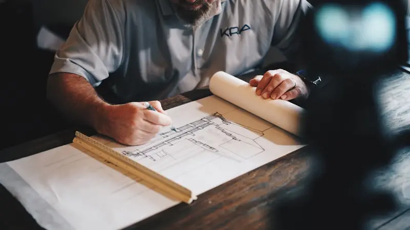 Reviewing construction drawings at the drafting table